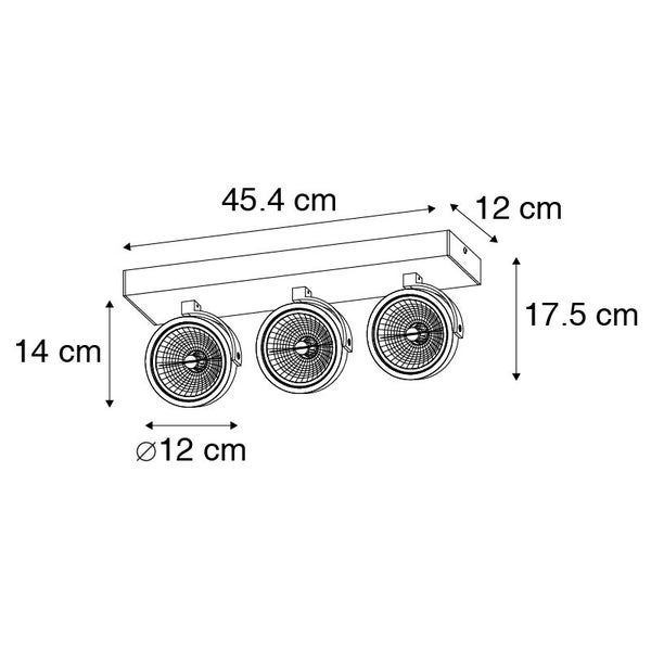 Technische Zeichnung einer Deckenleuchte mit drei Strahlern und Maßangaben