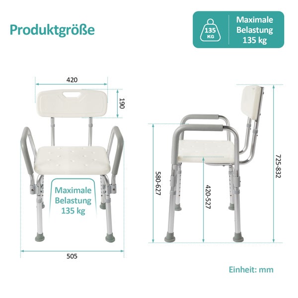 EMKE Duschhocker für Senioren – Duschstuhl mit Armlehnen und Rückenlehne, höhenverstellbarer Duschsitz, Badhocker für Dusche und Badewanne, belastbar bis 135 kg, Weiß