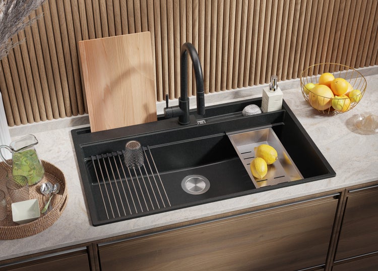 PRIMAGRAN Spülbecken Anthrazit 88x53cm, Granitspüle 1 Becken + Ablauf-Set + Küchenzubehörset, Küchenspüle ab 90er Unterschrank - Oslo Pocket