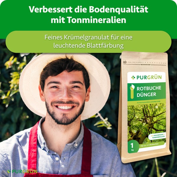 Ein Mann mit Hut lächelt neben einer Packung Purgrün Rotbuche Dünger mit Tonmineralien und Magnesium.
