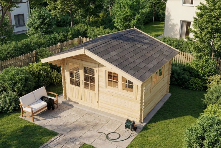 Holzgartenhaus mit Satteldach, Sitzbank und Gartenschlauch im Garten