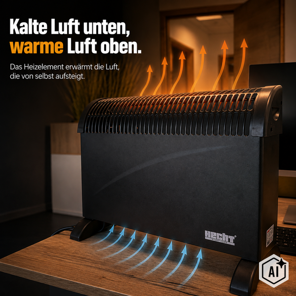 Konvektor Heizgerät von Hecht steht auf einem Schreibtisch und veranschaulicht die Konvektionswärme durch aufsteigende Pfeile.