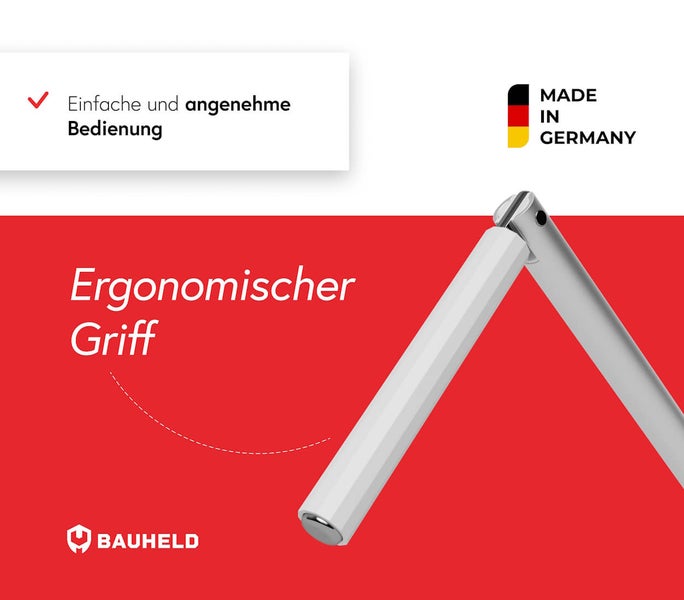 BAUHELD Logo. Ergonomischer Griff und einfache Bedienung. Hergestellt in Deutschland.