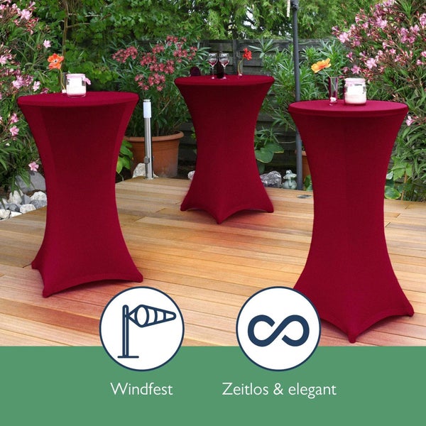 Drei Stehtische mit Stretchhusse im Garten