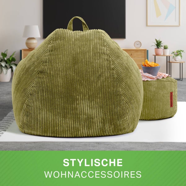 Green Bean 2er Set Indoor XXL Sitzsack + Pouf mit EPS-Perlen Füllung - Fußhocker Fußkissen Hocker Bodenkissen Liegekissen Sitzkissen Lounge Chair - Grün