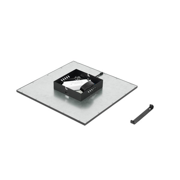 Rückansicht eines quadratischen LED Panels mit Metallplatte, schwarzem Anschlussgehäuse und separater Montagehalterung.