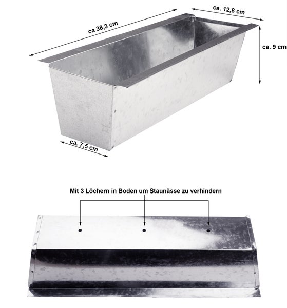 Pflanzkasten aus Metall mit drei Löchern im Boden zur Vermeidung von Staunässe