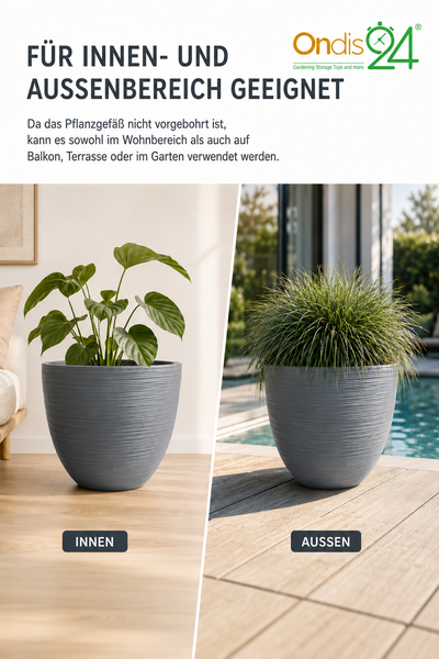 Grauer strukturierter Pflanzkübel für innen und außen, dargestellt in einem Wohnraum und auf einer Holzterrasse am Pool. Ondis 24 Logo.