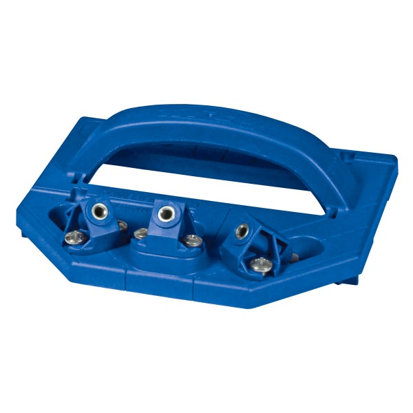 Taschenloch-Bohrschablone Set mit blauer Bohrführung, drei roten Einsätzen, Stufenbohrer, Schrauberbit, Tiefenstopps und Innensechskantschlüssel.