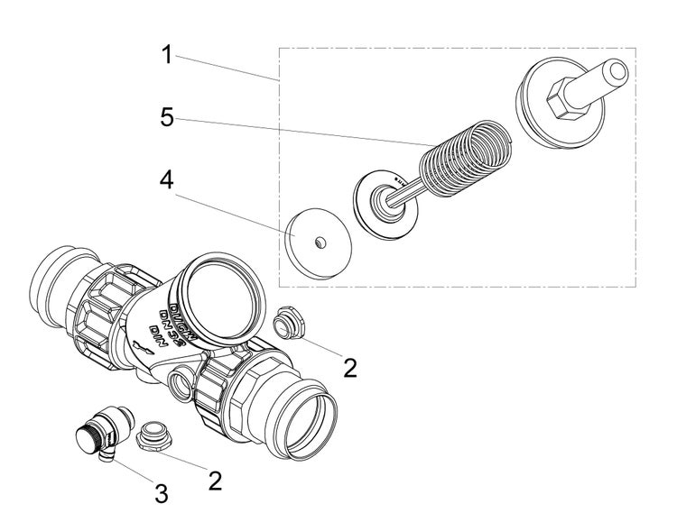 Explosionszeichnung einer DN32 Armatur mit nummerierten Ersatzteilen wie Feder, Dichtung und Entleerventil.