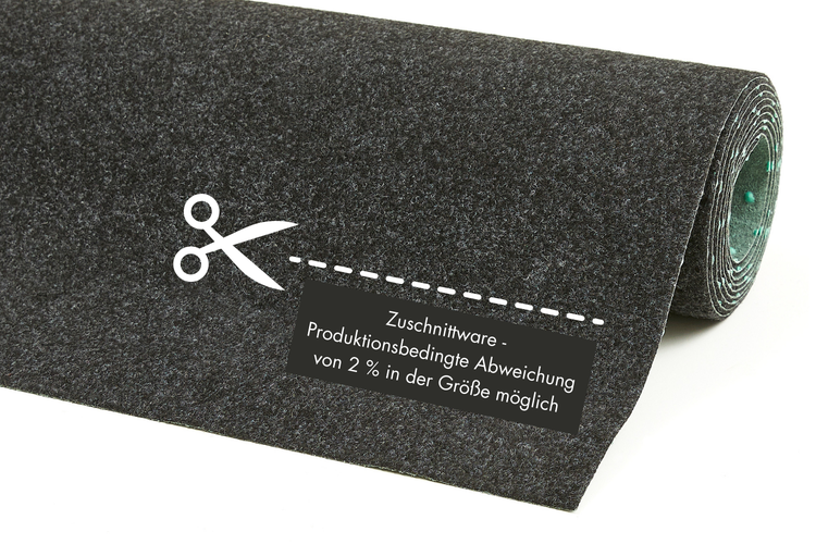 Nadelfilz als Meterware mit Hinweis auf Zuschnitt und 2 Prozent produktionsbedingte Größenabweichung.