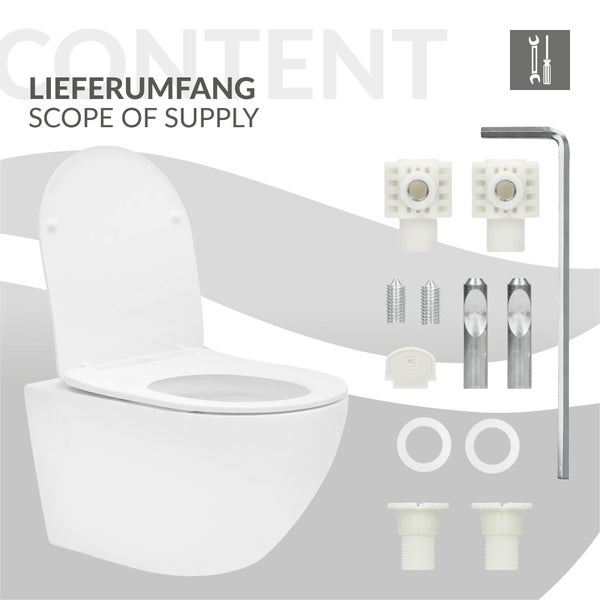 ECD Germany Spülrandloses Hänge WC Keramik Weiß matt mit Nano Beschichtung, Wand-WC lang 52 cm, Toilette mit WC-Sitz abnehmbar aus Duroplast Softclose Absenkautomatik, Tiefspüler-WC mit Lotus Effekt
