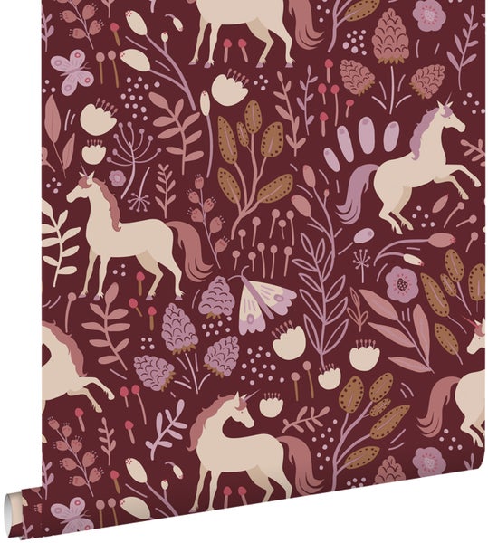 Tapete mit Einhorn-, Blumen- und Schmetterlingsmuster