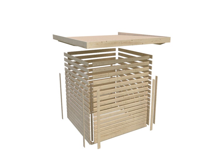 Holz-Mülltonnenbox in Explosionsdarstellung mit horizontalen Holzlatten und Dach.