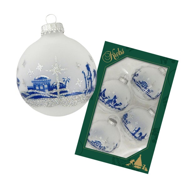 Weißmatte 7cm Glaskugel mit Banddekor blau/silber Bethlehem Scene, 4 Stck., Weihnachtsbaumkugeln, Christbaumschmuck, Weihnachtsbaumanhänger