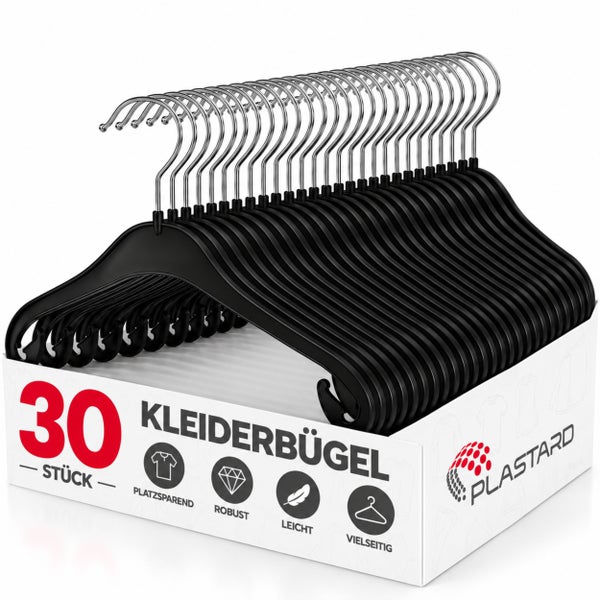 Set aus 30 Kunststoff Kleiderbügeln in einer Verkaufspackung von Plastard Logo mit platzsparenden und robusten Eigenschaften.