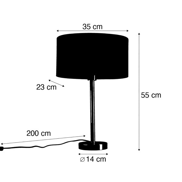 Abmessungen einer Tischleuchte mit Lampenschirm, Höhe 55 cm, Schirmdurchmesser 35 cm, Schirmtiefe 23 cm, Fußdurchmesser 14 cm, Kabellänge 200 cm