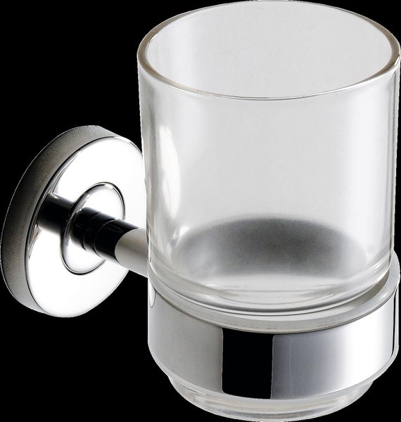 Wandmontierter Zahnputzbecher aus Glas mit Halterung in glänzender Metalloptik für das Badezimmer
