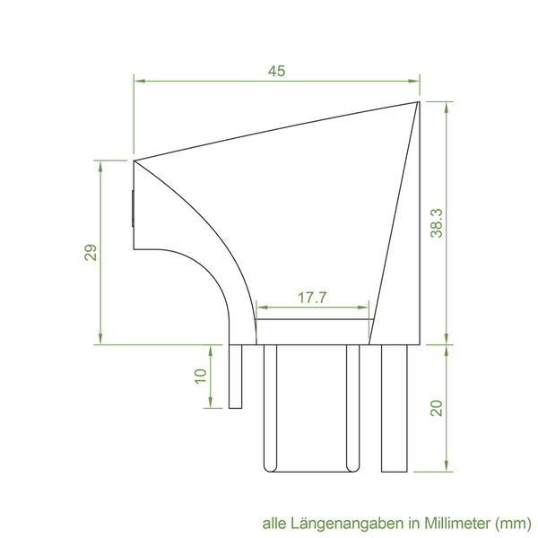 Technische Zeichnung mit Maßangaben eines Bauteils in Millimeter zur Montage oder Konstruktion.