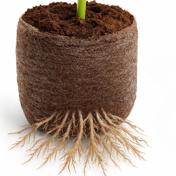 Anzuchttopf mit Pflanze und Wurzeln