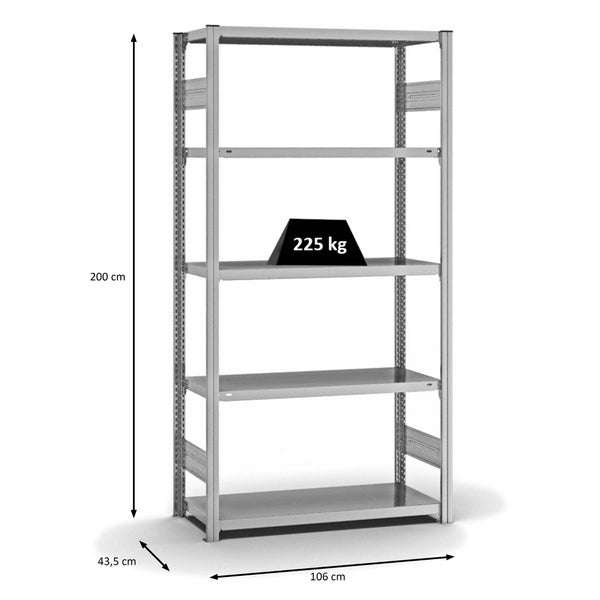 PROREGAL Fachbodenregal Stecksystem T-Profil Medium-Duty Grundregal HxBxT 200 x 100 x 40 cm 5 Ebenen Fachlast 225 kg Beidseitig Nutzbar Verzinkt