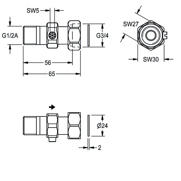Technische Zeichnung einer Sanitärarmatur mit Maßen in Millimetern, G1/2A und G3/4 Anschlüssen, Schlüsselweiten 5, 27, 30 und Durchmesser 24.