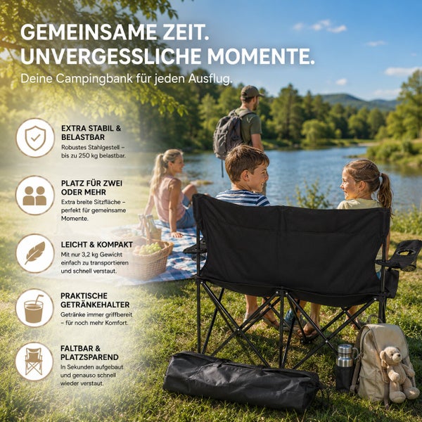 Familie auf einer Campingbank am Flussufer mit Produktvorteilen wie Belastbarkeit, Faltbarkeit, Getränkehaltern und geringem Gewicht.