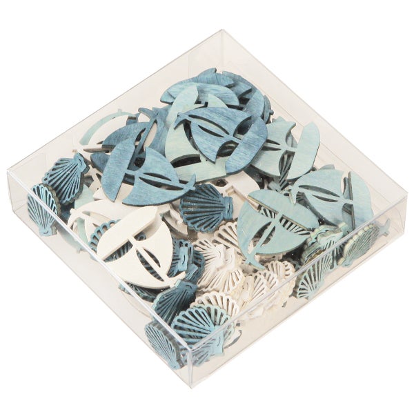 Dekorative Holzfiguren im Behälter: Segelboote und Muscheln