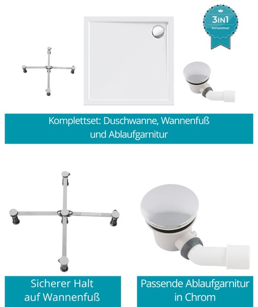 3-in-1 Komplettset bestehend aus einer quadratischen Duschwanne, einem kreuzförmigen, verstellbaren Wannenfuß und einer Ablaufgarnitur in Chrom.