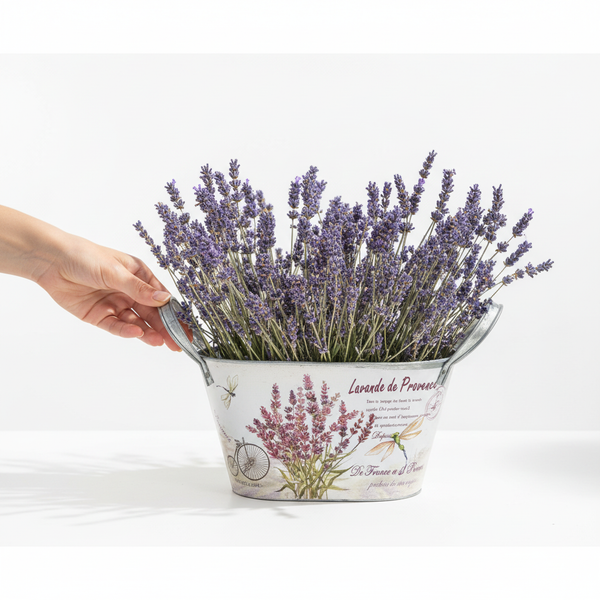Lavendel im dekorativen Zinktopf mit Aufdruck Lavande de Provence, gehalten von einer Hand.