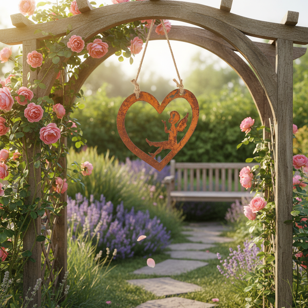 Rostfarbenes Herz mit Engel-Silhouette als Gartendekoration, hängend an einem hölzernen Rosenbogen in einem Garten mit Rosen und Lavendel.
