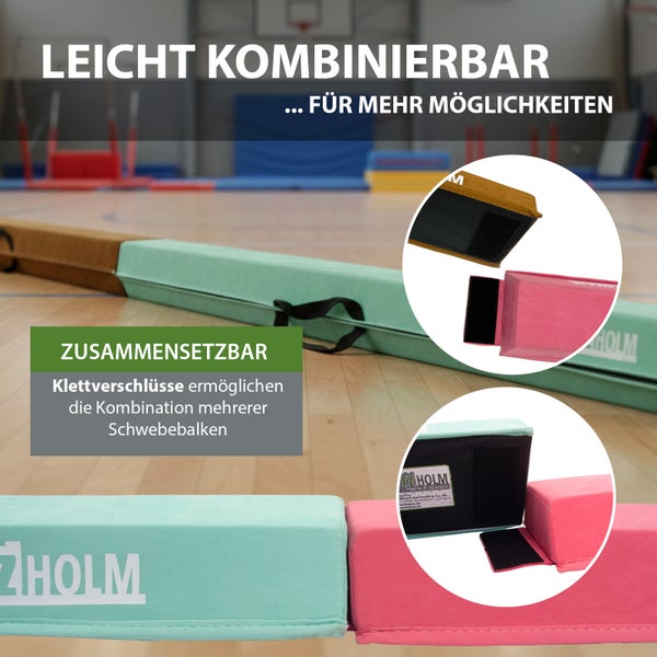 Gepolsterte Schwebebalken in einer Sporthalle mit TZ Holm Logo, die durch Klettverschlüsse flexibel miteinander kombiniert werden können.