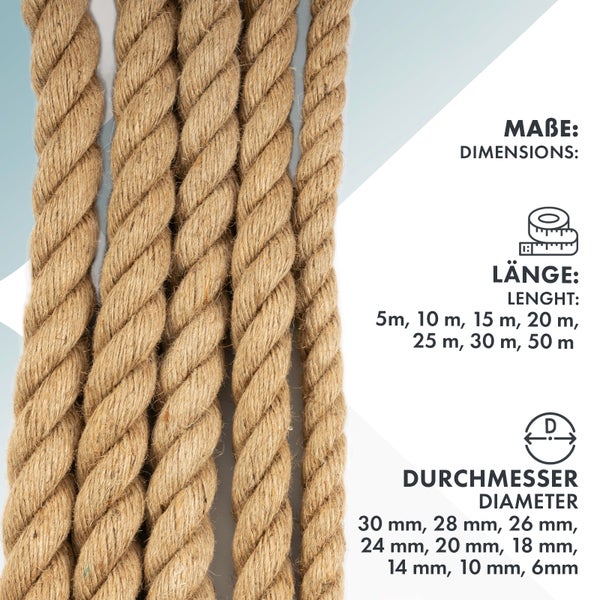 FLOORDIREKT Juteseil Ø 26 mm Kletterseil Extra Stark Universell Einsetzbar Länge 5 Meter