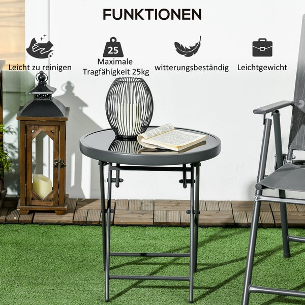 Outsunny Beistelltisch klappbar, Klapptisch aus Glas, kleiner Campingtisch, runder Sofatisch Balkontisch für Balkon Terrasse Wohnzimmer Büro, 45 x 45 x 50 cm, Schwarz