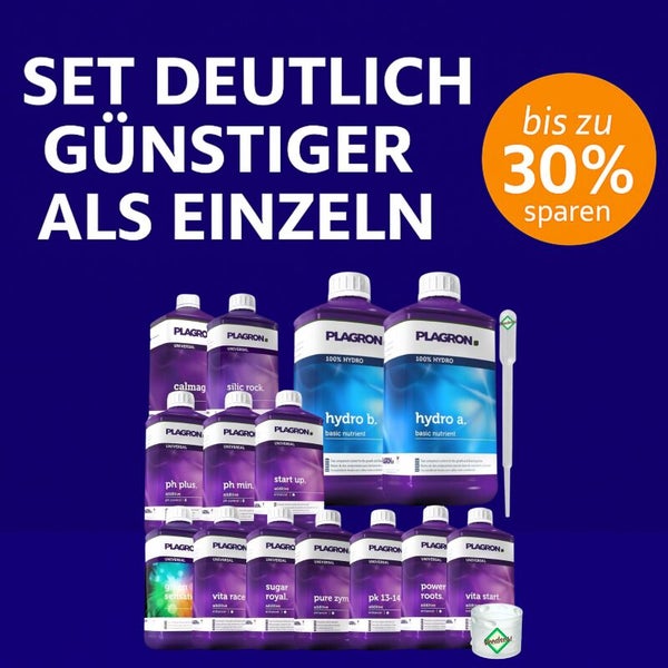 Plagron Dünger Set mit verschiedenen Produkten zur Pflanzenversorgung und dem Hinweis bis zu 30 Prozent sparen