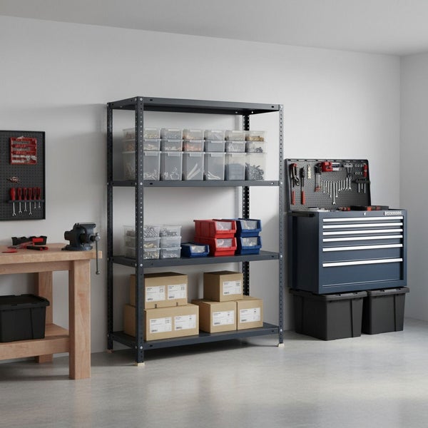 Strukturierte Werkstatt mit Metallregal, Werkstattwagen, Werkbank aus Holz mit Schraubstock und diversen Aufbewahrungsboxen.