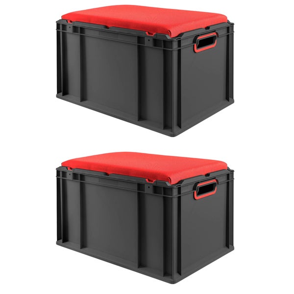 Zwei graue Aufbewahrungsboxen mit roten Polstersitzen