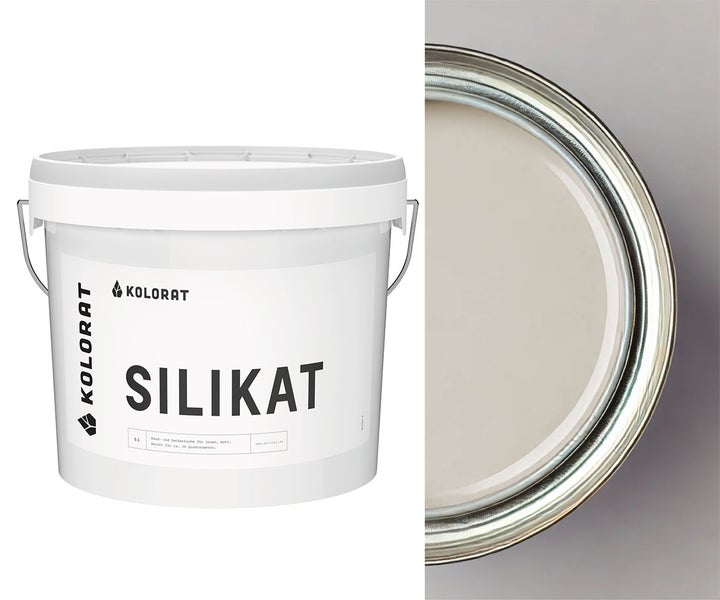 Ein Eimer mit Kolorat Silikat Wandfarbe für innen mit fünf Litern Inhalt und matter Oberfläche.