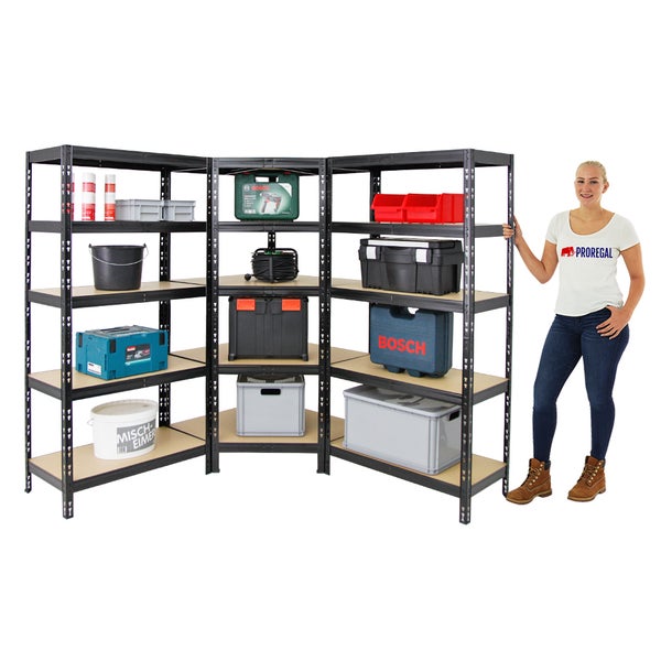 PROREGAL Mega Deal Tiger 1x Eckregal & 2x Schwerlastregal 180x 90x 45 cm Fachlast 175 & 265 kg Schwarz