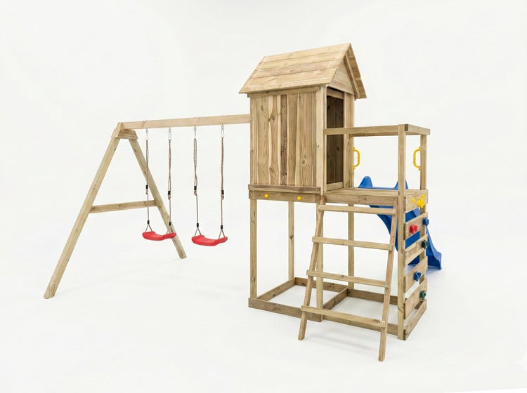 Holz-Spielturm mit Doppelschaukel, Rutsche, Kletterwand, Leiter und Spielhaus.