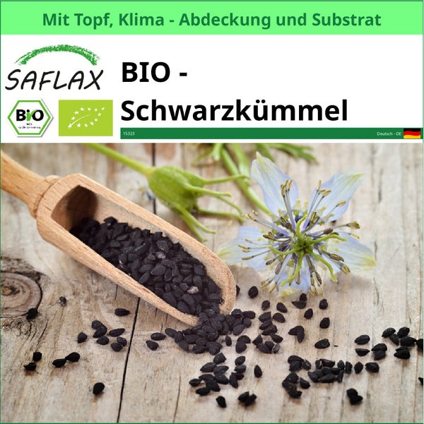 Saflax Bio Schwarzkümmel Samen mit Holzschaufel und Blüte