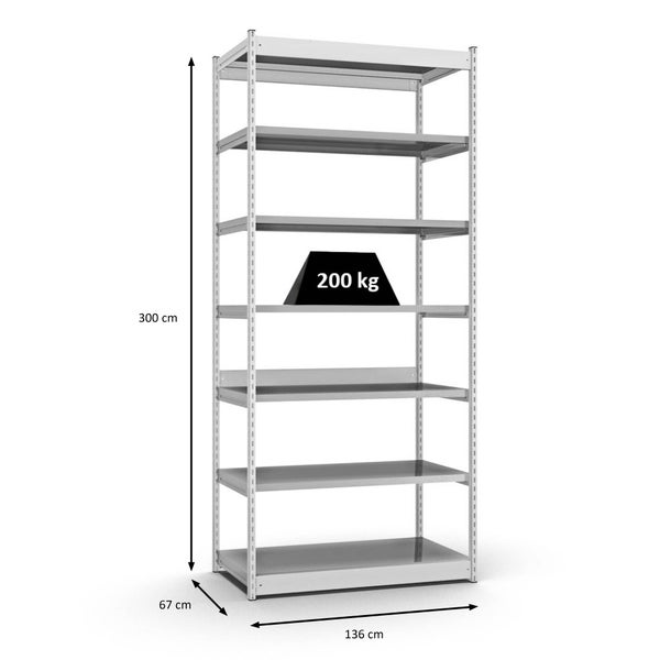 PROREGAL Fachbodenregal Stecksystem Vierkant-Profil Grundregal HxBxT 300 x 132,5 x 60 cm 7 Ebenen Einseitige Bauart Fachlast 200 kg Lichtgrau