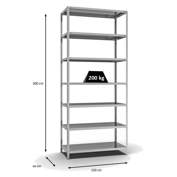 PROREGAL Fachbodenregal Schraubsystem Medium-Duty Grundregal HxBxT 300 x 130 x 60 cm 7 Ebenen Fachlast 200 kg Beidseitig Nutzbar Verzinkt