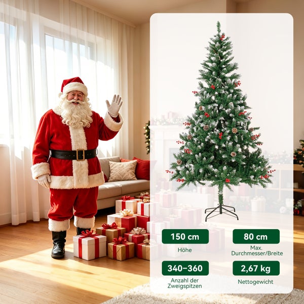 Künstlicher Weihnachtsbaum mit Schnee, Tannenzapfen und Beeren, 150 Zentimeter hoch, 80 Zentimeter breit, 340 bis 360 Zweigspitzen, 2,67 Kilogramm.