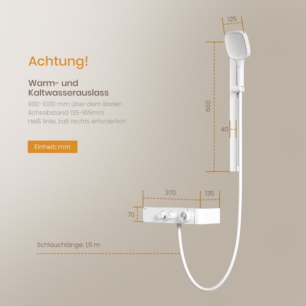 EMKE Duschsystem mit Thermostat, Duschsystem Weiß, mit 3 Strahlarten Handbrause, höhenverstellbarer Aluminium-Schiene, Duscharmatur Komplettset