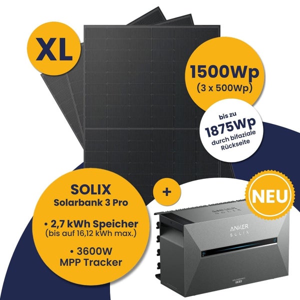 Anker SOLIX Balkonkraftwerk Set mit drei 500 Watt Peak Solarpanelen und Solarbank 3 Pro Speicher 2,7 Kilowattstunden.