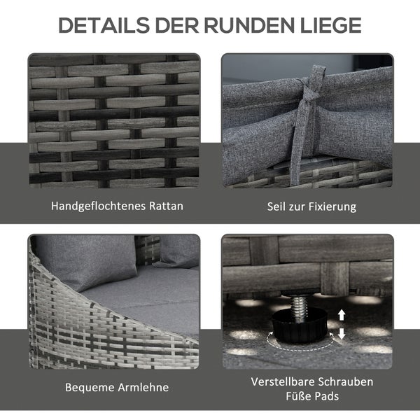 Outsunny 4-teilige Rattan Sonneninsel Sitzgruppe Liegeinsel mit Sonnendach, 4 Kissen für Garten, Balkon Metall Grau 230 x 145 x 80 cm