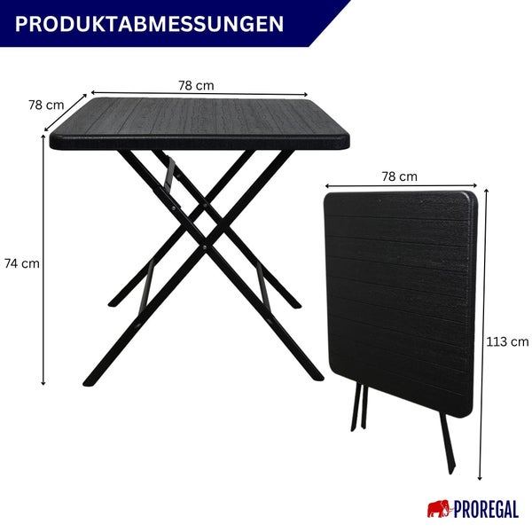 Produktabbildung eines Prorregal Klapptisches mit den Maßen 78 x 78 x 74 cm im aufgebauten Zustand und 78 x 113 cm im zusammengeklappten Zustand.