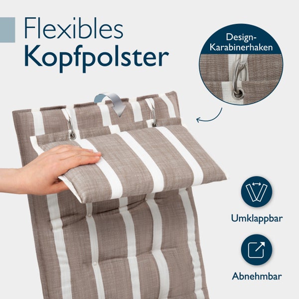 Flexibles Kopfpolster mit Designkarabinerhaken, umklappbar und abnehmbar.
