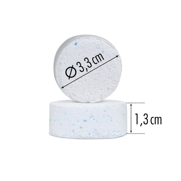 Zwei Reinigungs-Tabs mit Maßangaben Durchmesser 3,3 cm und Höhe 1,3 cm